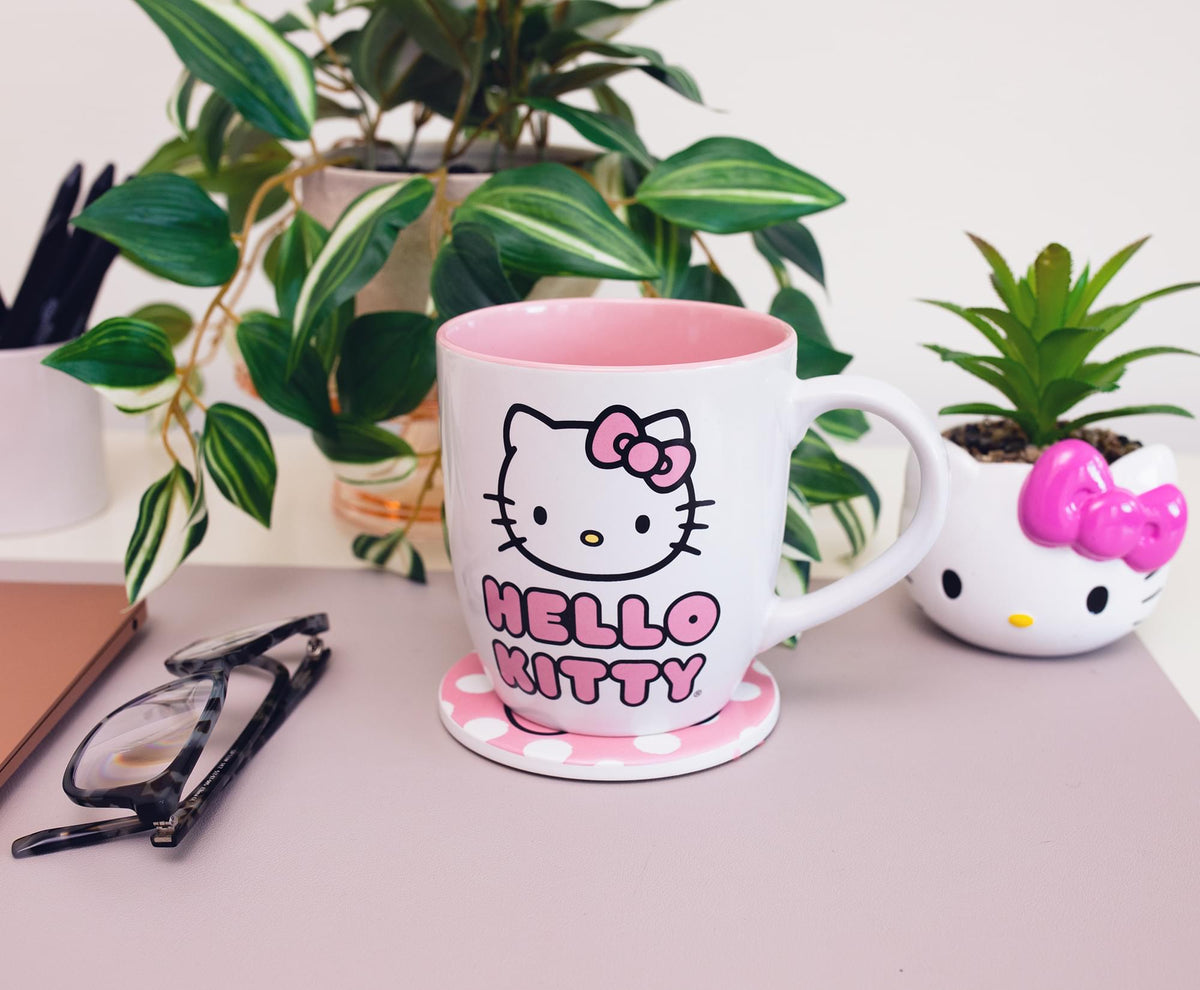 Sanrio Hello Kitty Perfect Pink 18-Ounce Ceramic Mug and Coaster Set