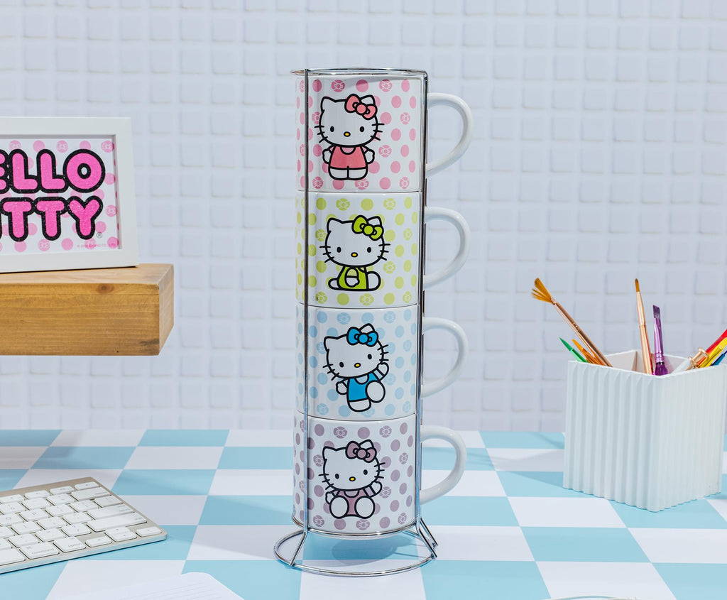 Sanrio Hello Kitty 4-Piece Stacking Mug Set With Wire Rack | Each Hold 10 Ounces