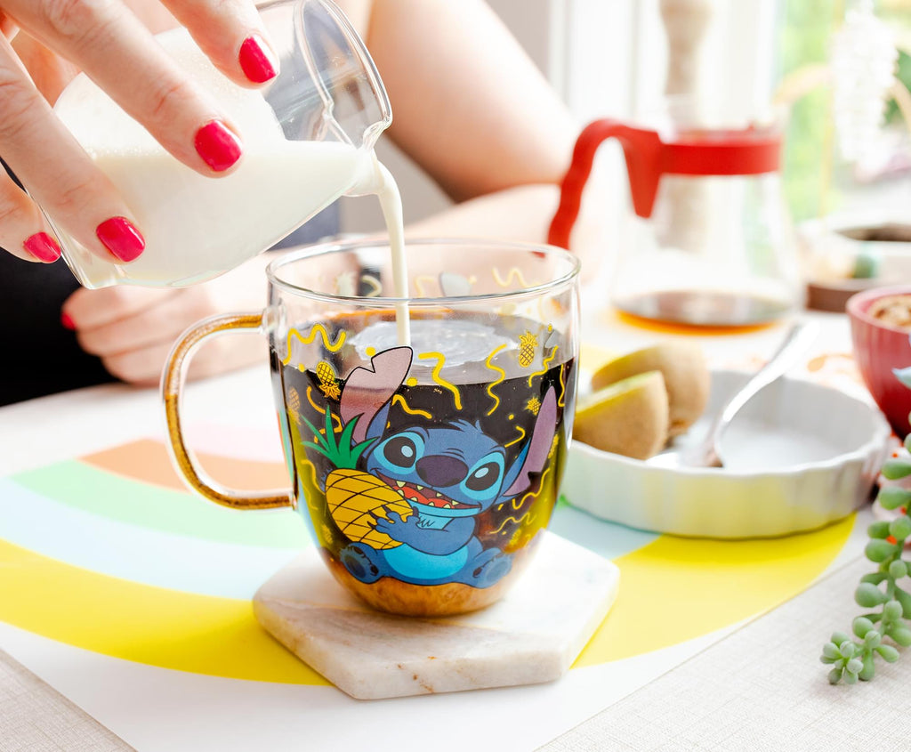 Disney Lilo & Stitch Pineapples Glitter Handle Glass Mug | 14 Ounces