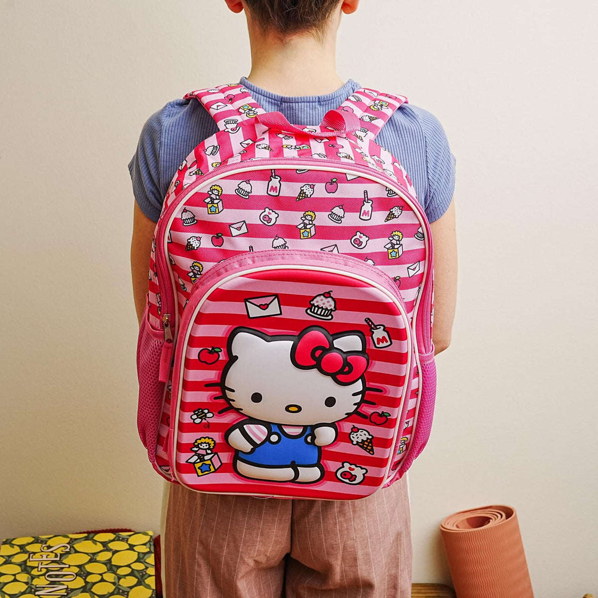Sanrio Hello Kitty Pink Striped 16 Inch Backpack with Front Pocket